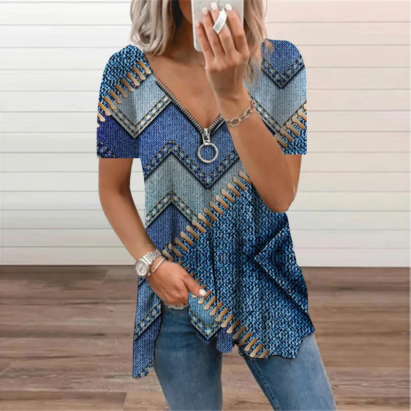 Zipper Ladies T-Shirt Oversized Print Short Sleeve V-Neck Top Tee Summer Womens Clothing Casual Loose Pullover Tunic 220304