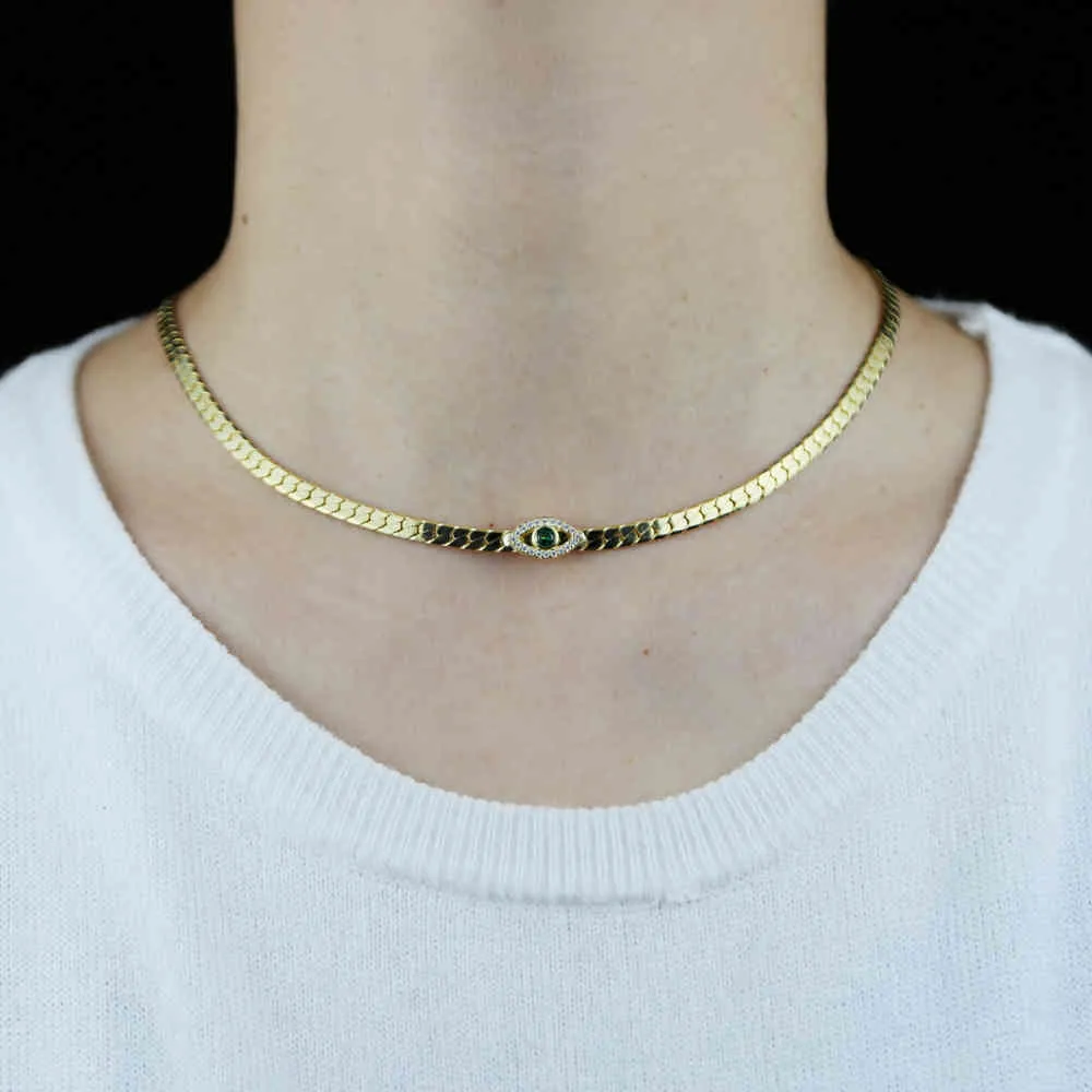 Yüksek kaliteli yeşil cz asfaltlı şanslı kötü göz cazibesi kolye kolye kadınlar için bayan katmanlı yılan zinciri link parti mücevher