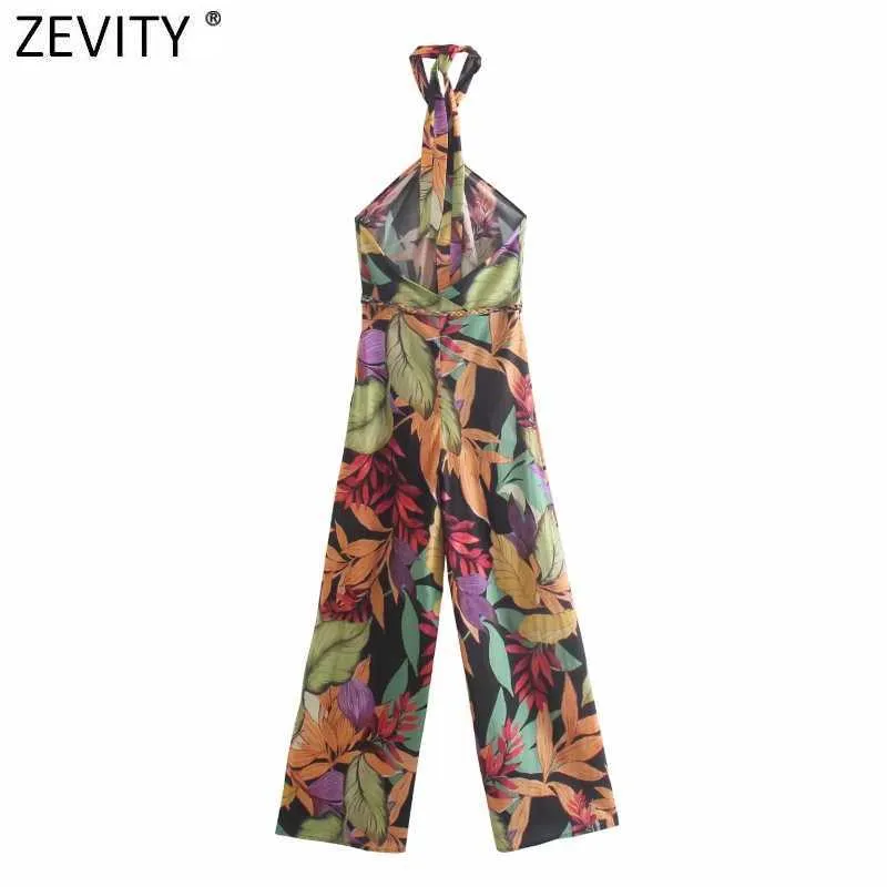 Zevity kobiety Tropical Floral Print Wide Neg Spodnie Halter Kombinezony Chic Lady Sexy Backless Side Zipper Casual Pajacyki P1134 210603