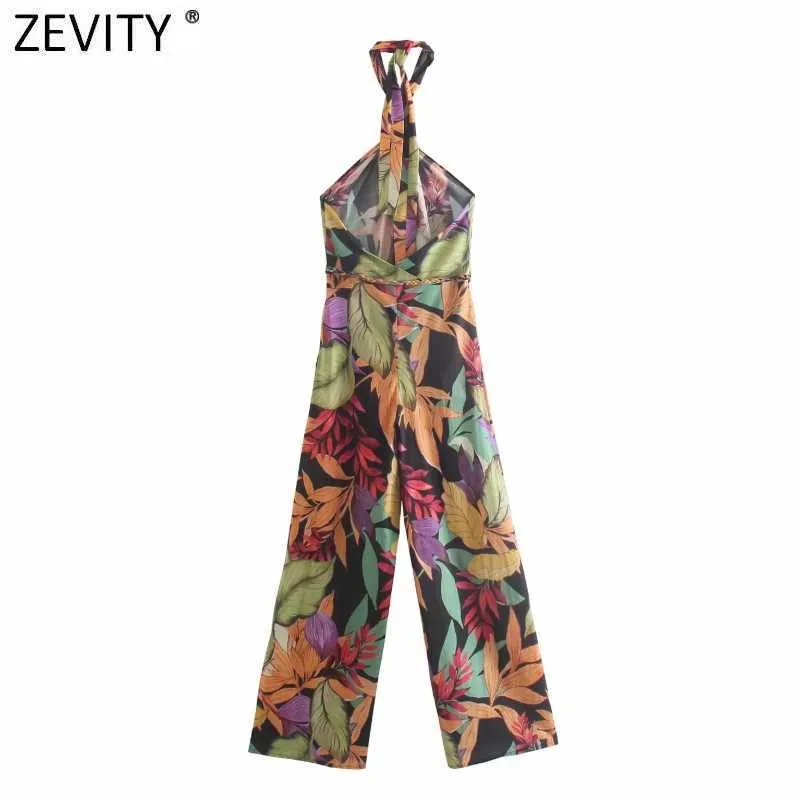 Zevity女性熱帯花柄プリントワイドレッグパンツホルタージャンプスーツシックな女性セクシーバックレスサイドジッパーカジュアルロンパースP1134 210603