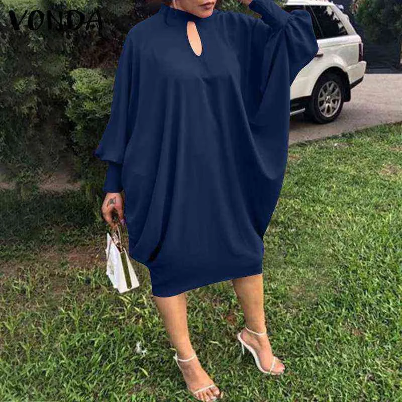 VONDA Autumn Dress 2021 Summer Spring Long Bat-Sleeve Solid Dresses Elegant Knee-Length Party Robe Ladies Bohemian Party Vestido Y220214