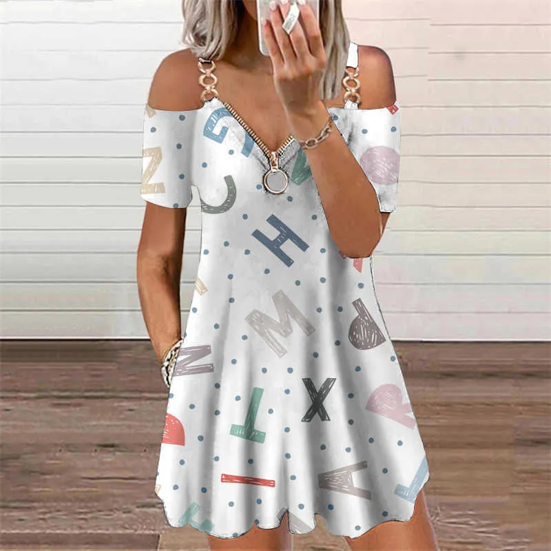 Mode Striped Print Mini Dresses 2021 Sommar Ny Kvinnors Kläder Casual V-Neck Band Off Shoulder Mini Party Dress Oversized Y1006