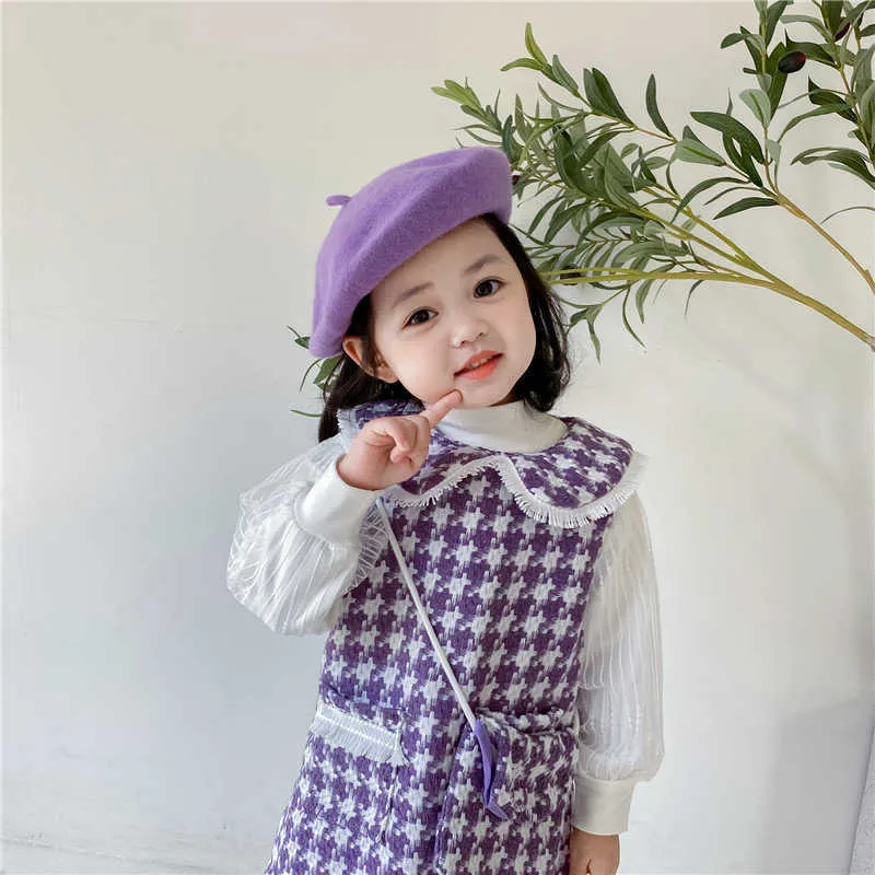 Hurtownie Spring Baby Girl 2-sztaki Zestawy Długie Rękawy Koszule + Purple Plaid Kamizelka Spódnica Z Torba Lady Styl Kid Odzież E9042 210610