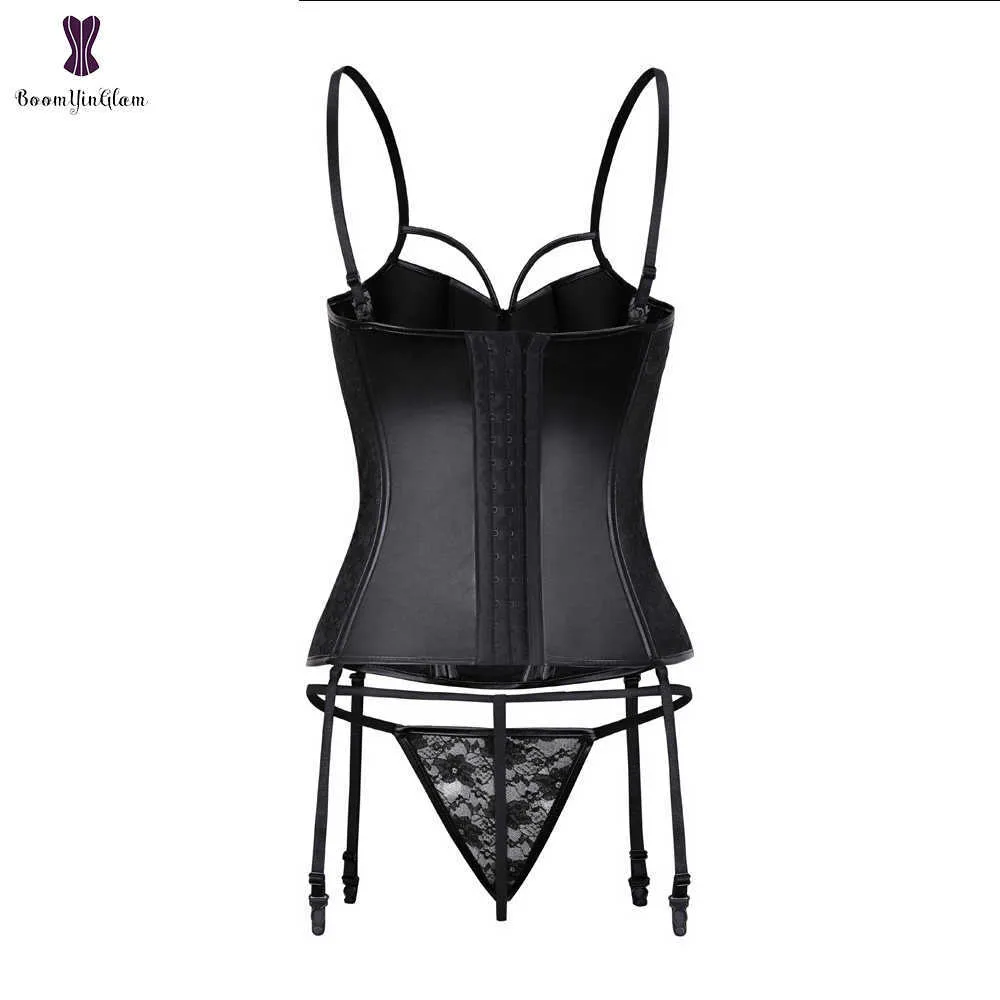 Pasek Kobiety Faux Leather Sexy Kwiatowy Koronkowy Bond Overbus Corset Czarny Talia Bustier Cincher Top Ciewshaper