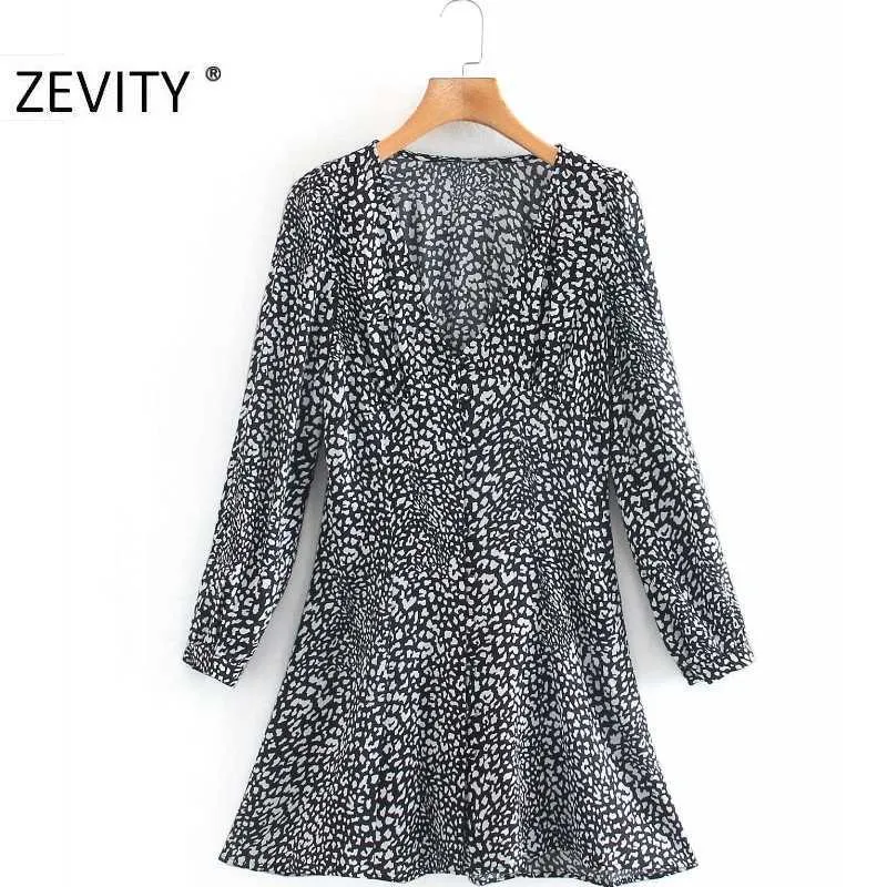Zévity Femmes Vintage V ec Cou Texture Animal Texture Imprimer une robe de ligne Femme manches longues Kimono Vestidos Chic Casual Robes Slim Ds4491 210603
