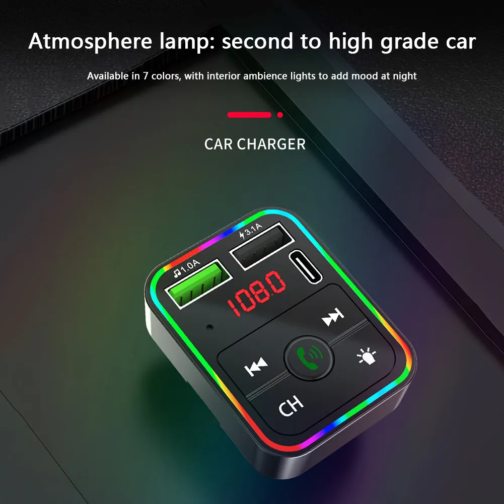 F2 Bluetooth Car Kit FM-sändarmodulator Färgglad LED-bakgrundsbelysning Trådlös radioadapter Handsfree för telefon TF MP3-spelare typ C-port