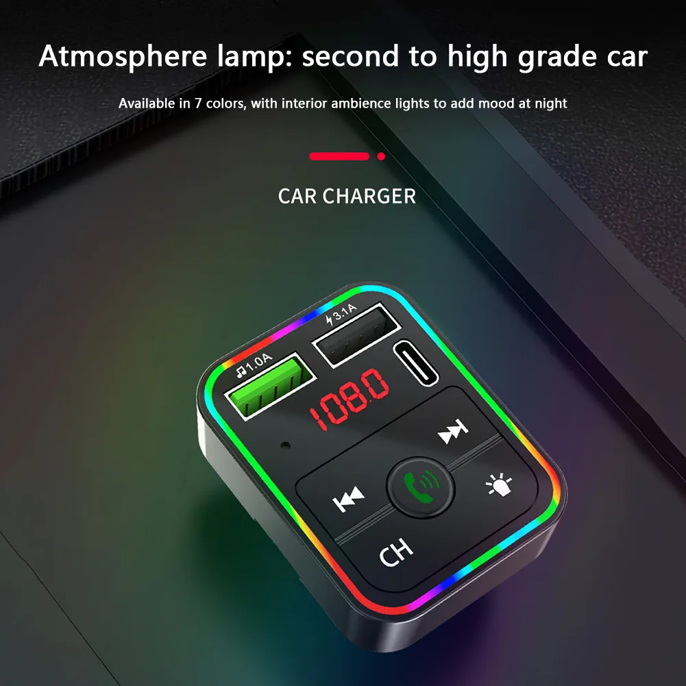 F2 Bluetooth Car Kit FM Transmitter Modulator Colorful LED Backlight Wireless Radio Adapter HandsFree for Phone TF MP3 Player Type C Port