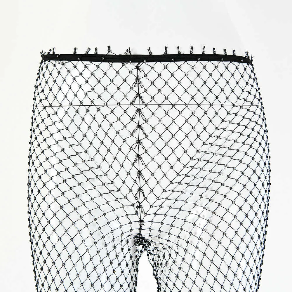 Amphiaraus Crystal Diamond Glänsande nätbyxor Kvinnor Sexig Hollow Out Transparenta Fishnet Pants Sommar Fashion Beachwear Byxor X0629