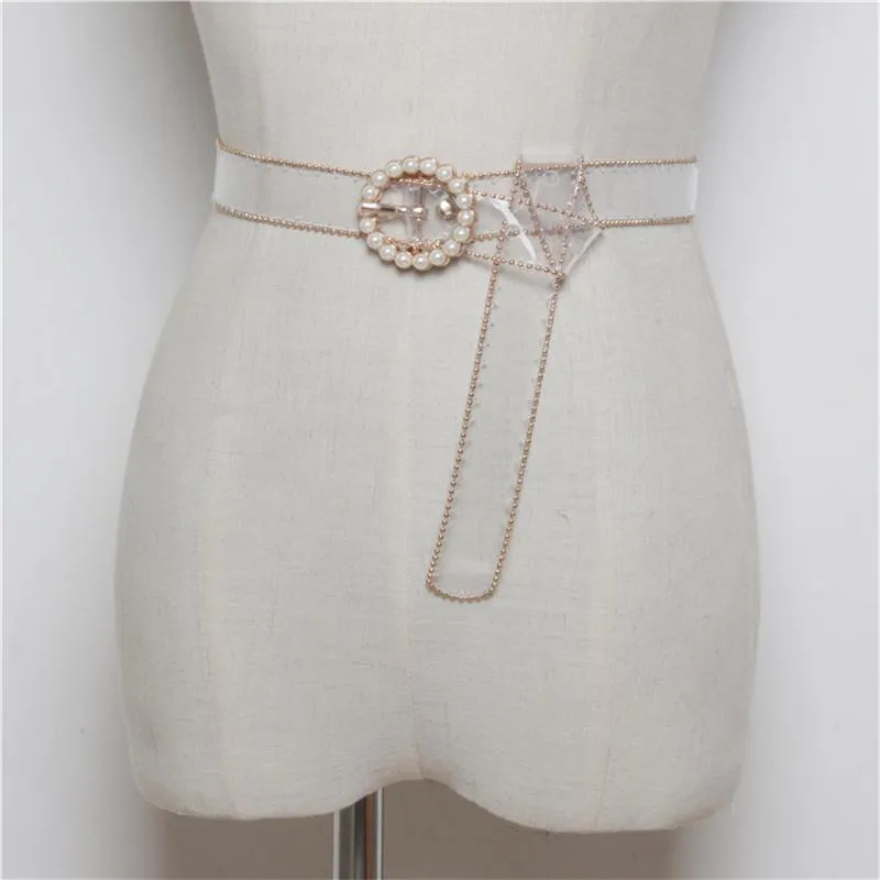 Cinturones de moda cinturón transparente cinturón para mujeres 2021 Pearl blanca transparente Cinturon Mujer Diseñador de plástico Cintura Damas261w