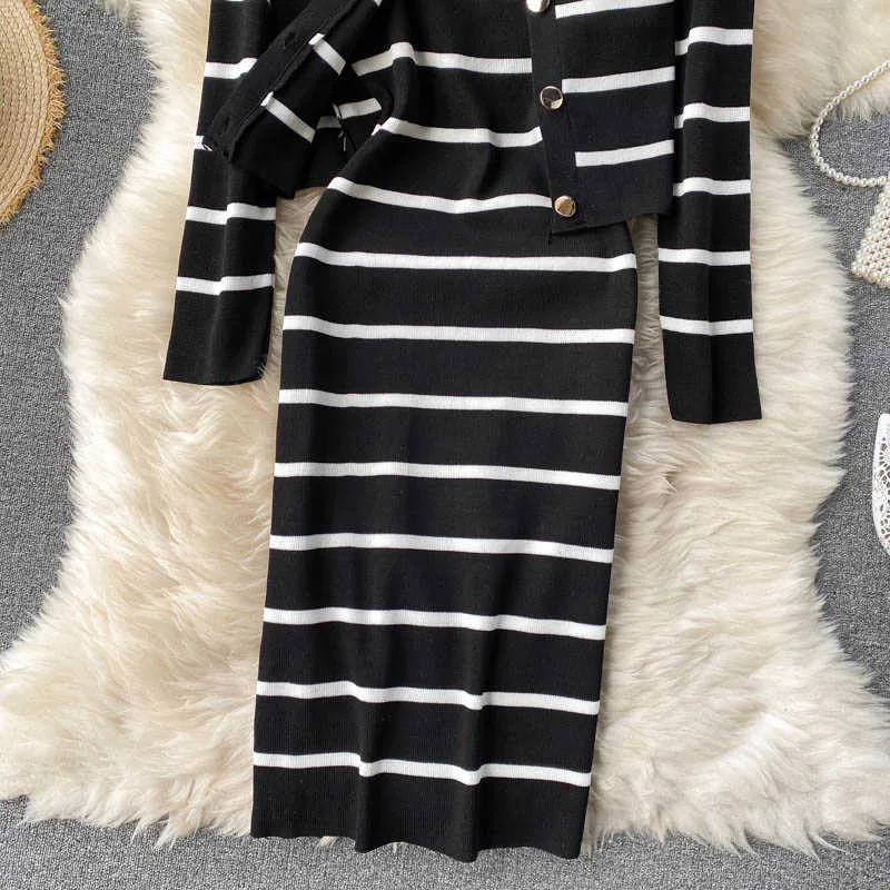 Women Autumn Winter Stripe Knitted Set Long Sleeve Button Cardigan+Sexy Sleeveless Slim Strap Dress Two Pieces Set 210602