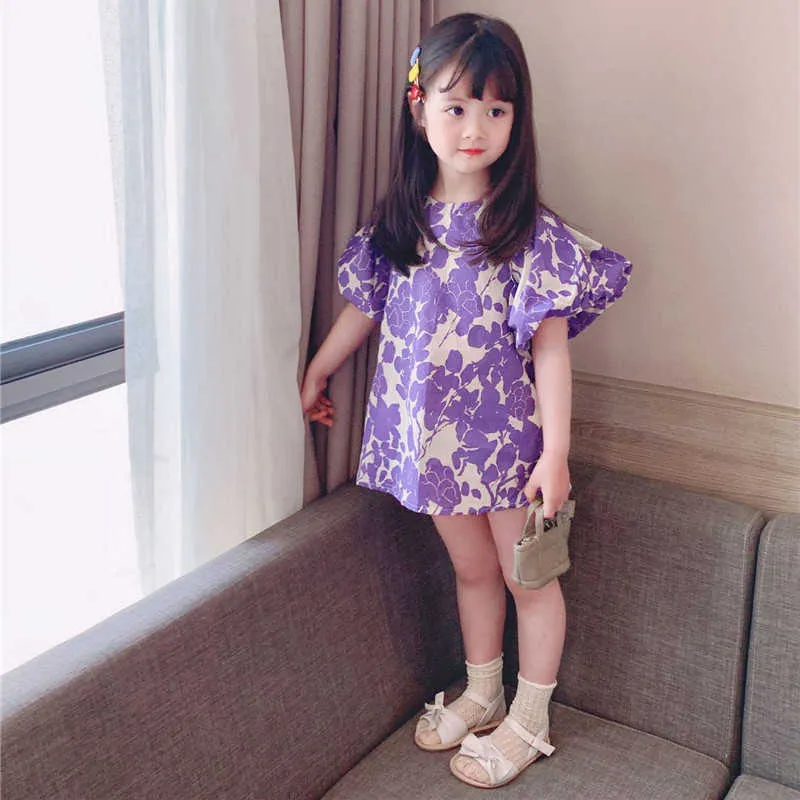 Wiosna Lato Cute Girls Fioletowy Kwiatowy Rękaw Puff Mini Dress Moda Little Princess Casual Suknie Dla Dzieci 210615