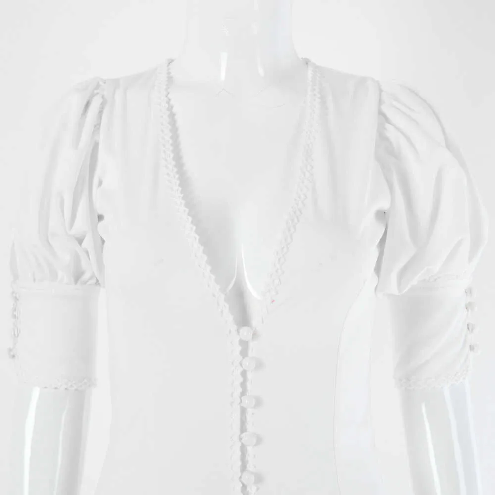 Damen Elegante Perle Einreiher Kleid Herbst Weiß Vestidos Sexy Tiefem V-ausschnitt Puff Halbe Hülse Bodycon Strand Split Kleider 210709