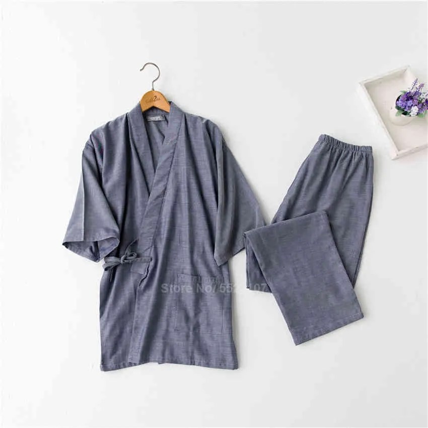 Kimono traditionnel vêtements de nuit pour hommes femmes pur coton Style ample bain Yukata hauts pantalons pyjamas ensemble chemise de nuit du couple 210330