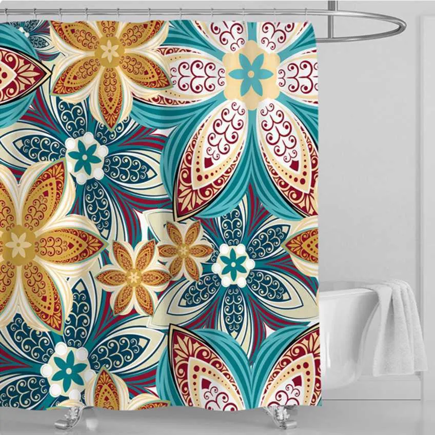 Índia estilo banheiro decoração colorida boêmia impressão impermeável cortina de chuveiro 3d cortinas exóticas tela paisley com ganchos 210915