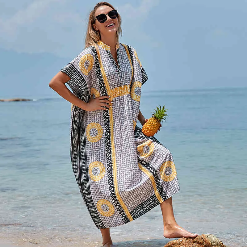 Bohemian Women Summer Beach Dress Swim Wear Cover Up Polyester Tunika Sexig V-Halsrock Caftan Bikini Cover-Ups Pareo Q927 210420