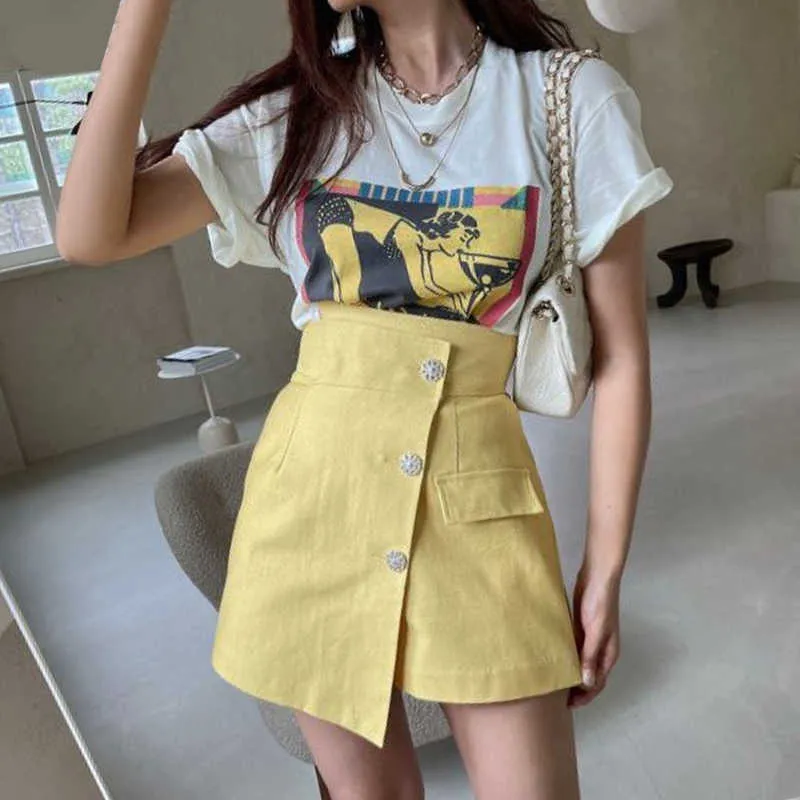 Korejpaa femmes ensembles été coréen à la mode col rond imprimé T-Shirt à manches courtes taille haute trois boutons jupes irrégulières 210526
