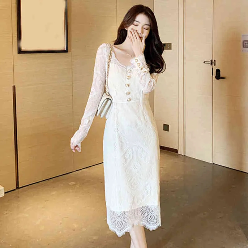 Robe de printemps d'automne pour femmes Style coréen Dentelle Creux Manches longues Couleur unie Slim Mi-longueur Femme es LL671 210506