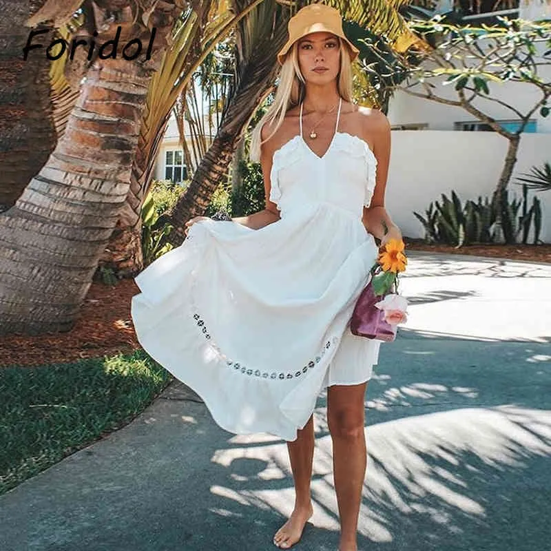 Foridol lente zomer vrouwen strand jurk elegant off the shoulder maxi jurk lace up white midi jurk lange vestidos de mujer 210415