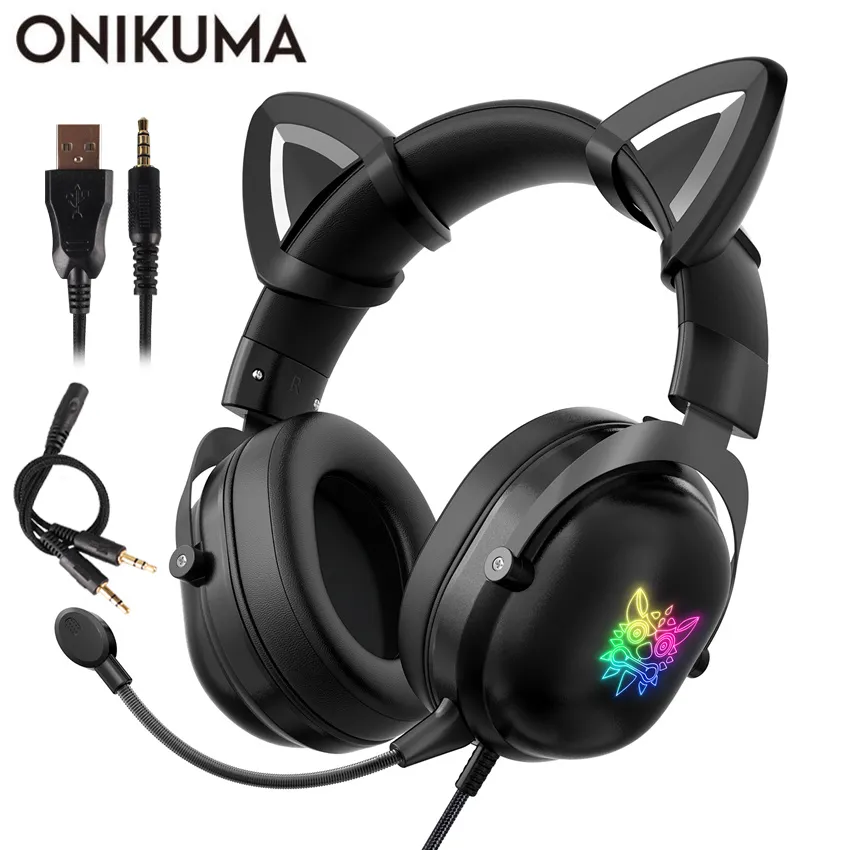 ONIKUMA PS4 Cat Ear Headset Casque Kabelgebundener Stereo-PC-Gaming-Kopfhörer mit Mikrofon-LED-Licht für PS4/Xbox One Controller/Laptop