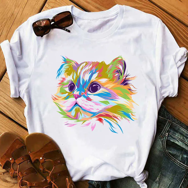 カラフルな猫Tシャツの女性Tシャツカジュアルなティー夏半袖ラウンドネック安い服中国トップモードフェムミX0527