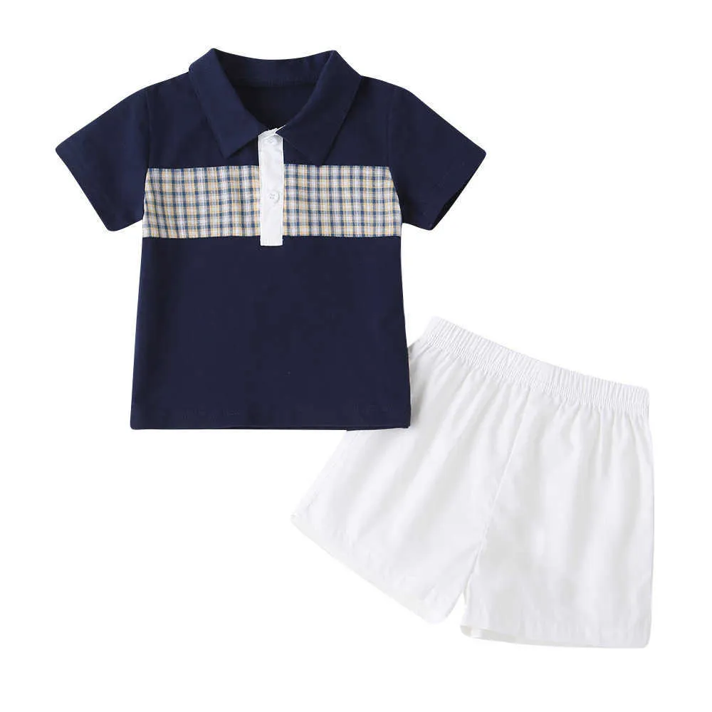 Été enfants ensembles décontracté actif garçons coton à manches courtes col rabattu Plaid T-shirt blanc pantalon vêtements 210629