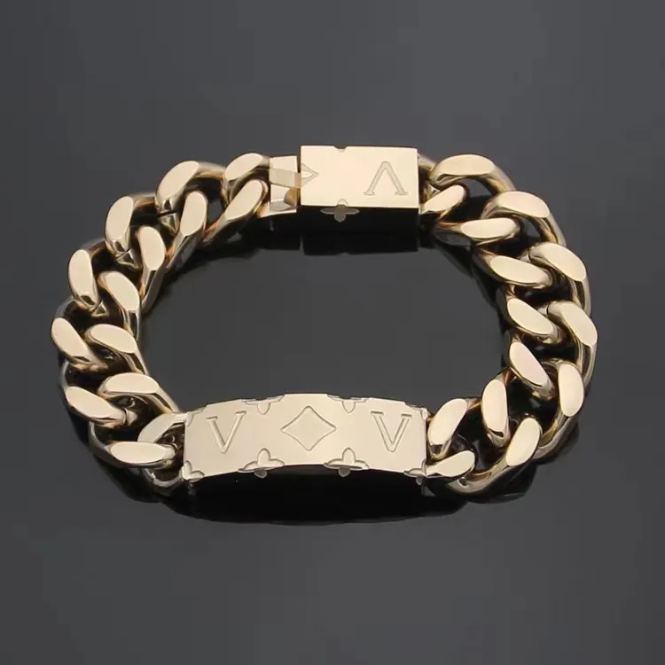 Cor de ouro masculino gelado marca de aço inoxidável pulseiras femininas moda strass miami cubana link corrente hip hop bracelet2850