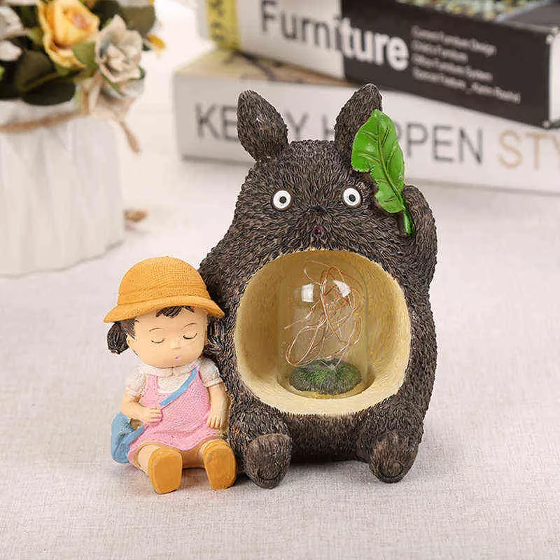 Hayao Miyazaki Animation Totoro Chiffres Modèle Jouet LED Night Light Anime Star Résine Décoration de La Maison Enfants s Cadeau 211108
