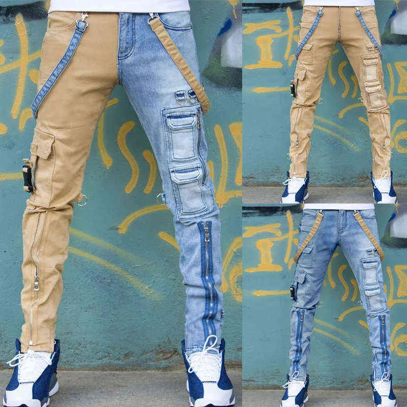 Jeans pour hommes 2021 High Street Salopette droite surdimensionnée hip-hop jaune bleu denim pantalon mode jeans décontractés pour hommes G0104