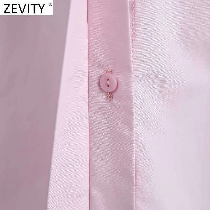 Zeefity Women Simply Stylish Collar Design Pink Poplin Blouse Office Dames Lange Mouwen Losse Shirts Chic Chemise Tops LS9379 210603