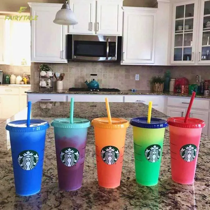 Starbucks Tasses à changement de couleur Gobelet réutilisable de couleur avec couvercle Tasses froides Tasse en plastique Collection d'été Vin Starbucks FUUNYHOME