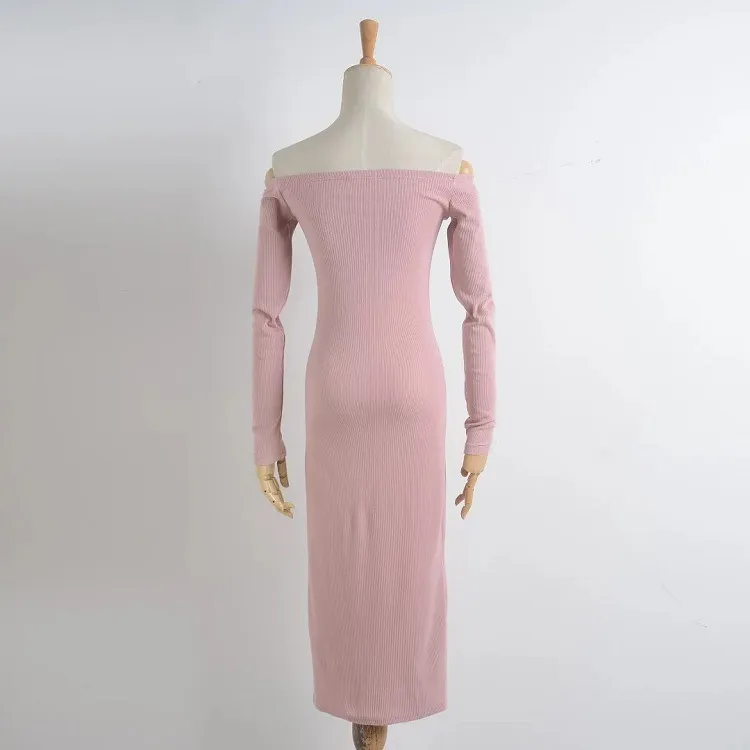 Women Dress Slash Neck Off Shoulder Knitting Dresses Long Sleeve Pink Black Gray Casual 210513