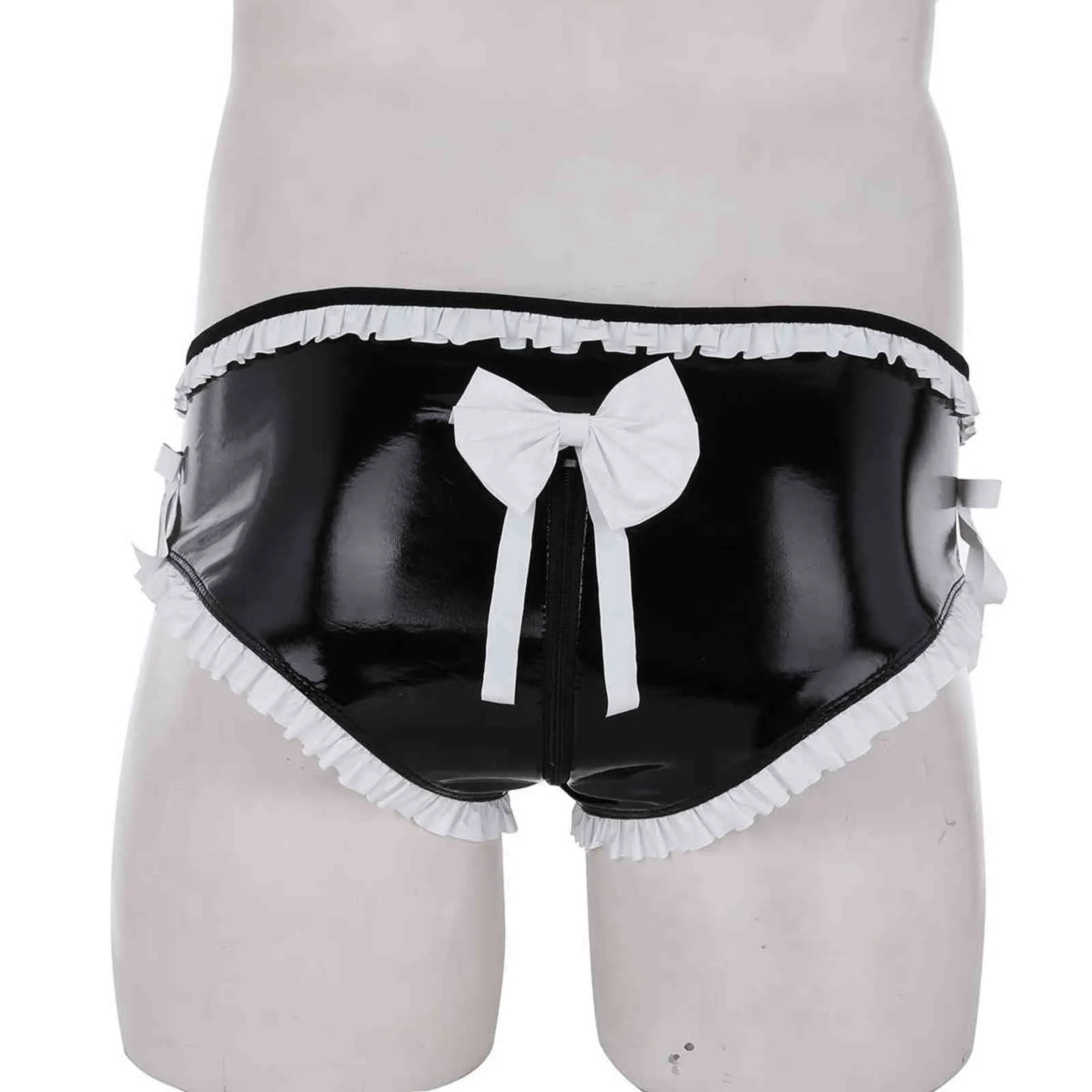 iiniim Mens Sissy Bowknot Latex Lingerie Wetlook Leather Open Penis Hole Bikini Briefs Underwear Gay Zipper Open Crotch Panties 211129