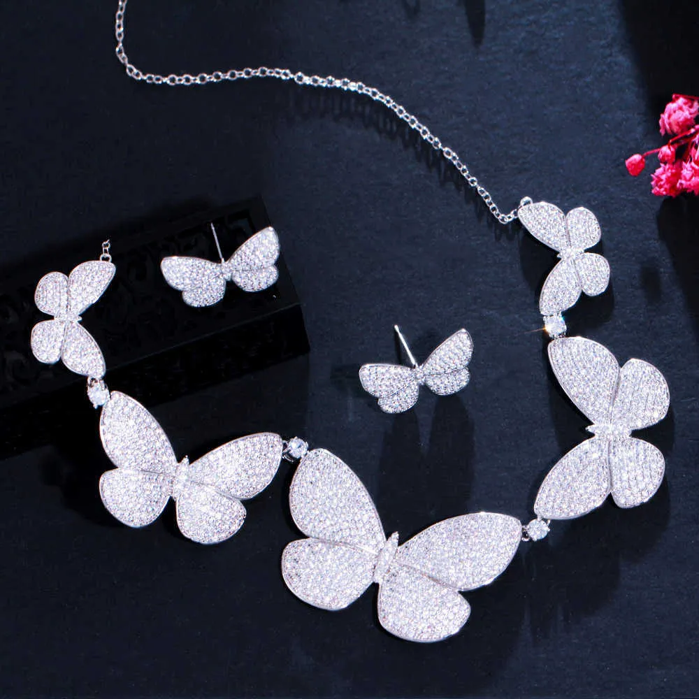 CWWZircons Micro Pave Cubic Zirconia Chic Big Butterfly Kostym Halsband och örhängen Lyxig design Smycken Set för kvinnor T552 H1022