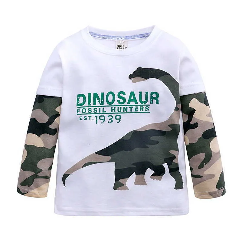 Wholesale Spring Boys Cartoon Dinosaur Cotton Long Tattoo Camouflage Sleeve Cool Kids Tops for Clothes E7901 210610