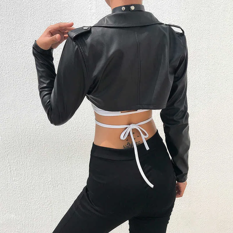 Iamty Black PU Leather Crop Jacket Street Wear Punk Style Womens Coats Long Sleeve Turn-Down Zipper Short Fashion 211014