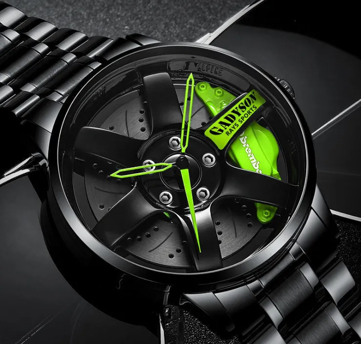 Mains vertes conception unique montre à quartz 40MM diamètre roue style hommes montres garçons étudiant locomotive créative montres-bracelets273z