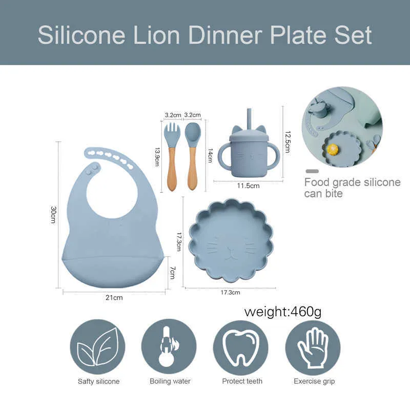 5 pçs / conjunto bonito dos desenhos animados leão bebê placa de silicone colher conjunto de alimentação bacia de sílica gel pratos kids tableware 211026