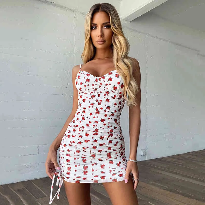 Classic Floral Print Women Mini Dress Holiday Drawstring Sundress Summer Sexy Backless Bohemian Beach Bodycon Slim Short Dresses 210517