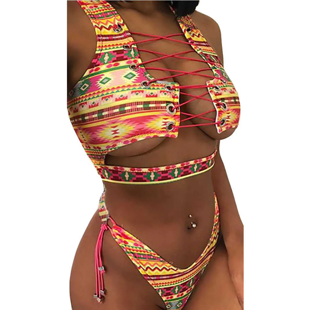Badkläder kvinnor bikini set höga midja mode högskuren afrikansk baddräkt tvåbit print kvinnliga baddräkt thong Biquini 210604
