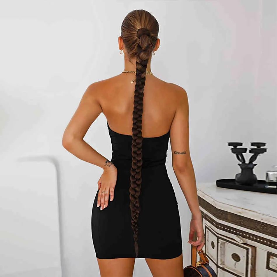 Gratis Kvinnor Sommarbandage Klänning Sexig Tube Top Ärmlös Bodycon Lace Hollow Club Party Mini Halter Vestidos 210524