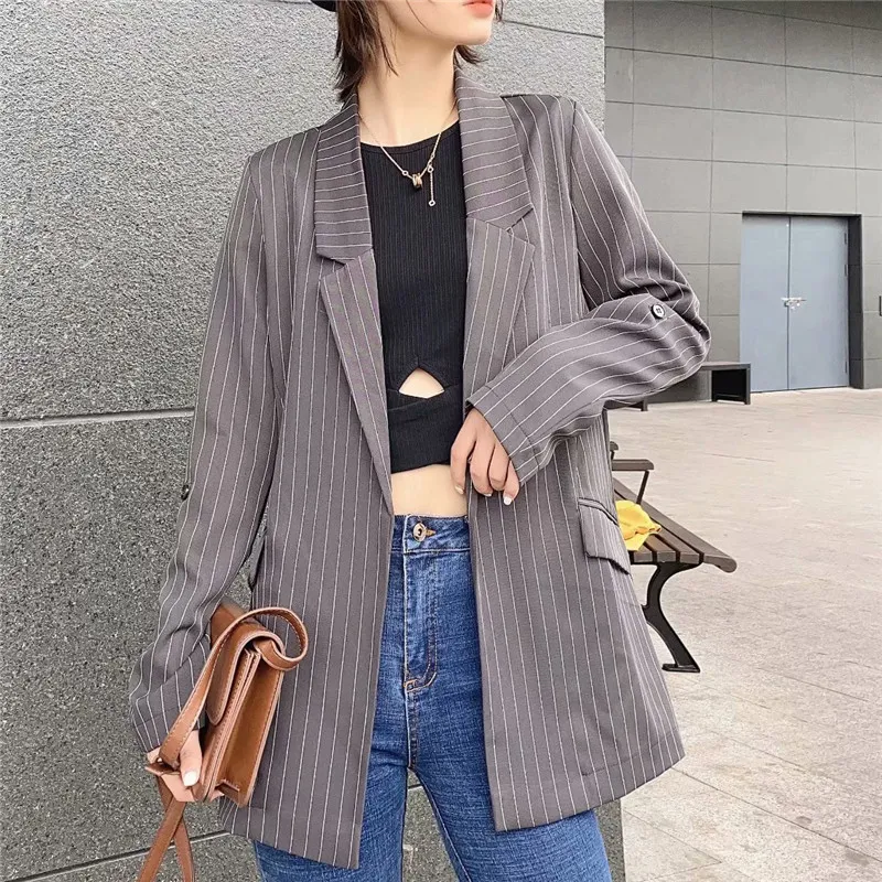 Giacca da donna a maniche lunghe a righe eleganti giacca da ufficio da donna design tascabile Casual streetwear outwear femminile top coat 210430