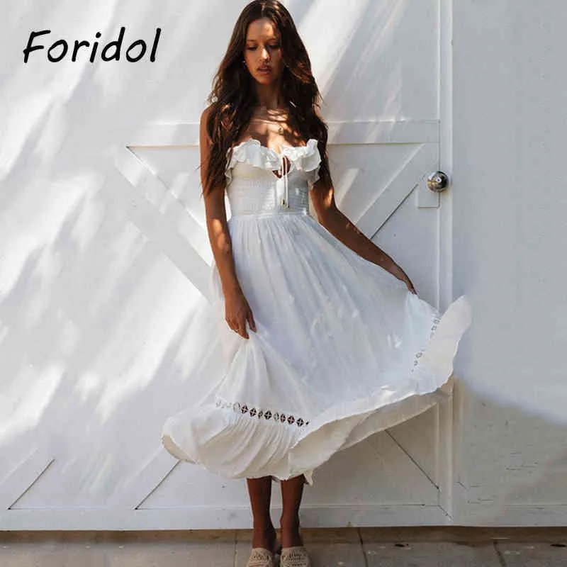 Foridol Frühling Sommer Frauen Strand Kleid Elegante Weg Von Der Schulter Maxi Kleid Spitze Up Weiß Midi Kleid Lange Vestidos De mujer 210415