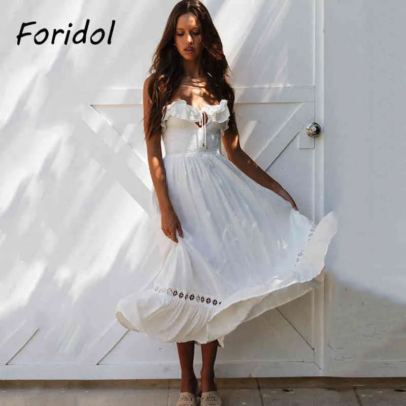 Foridol Spring Summerの女性のビーチのドレスは肩のマキシドレスのレースアップホワイトMidi Dress Long Vestidos de Mujer 210415