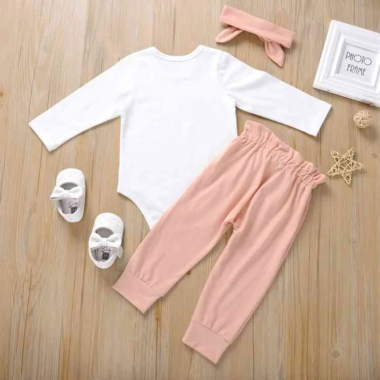 0-24m född spädbarn baby flicka höst kläder set söt brev långärmad romer bow byxor outfits 210515