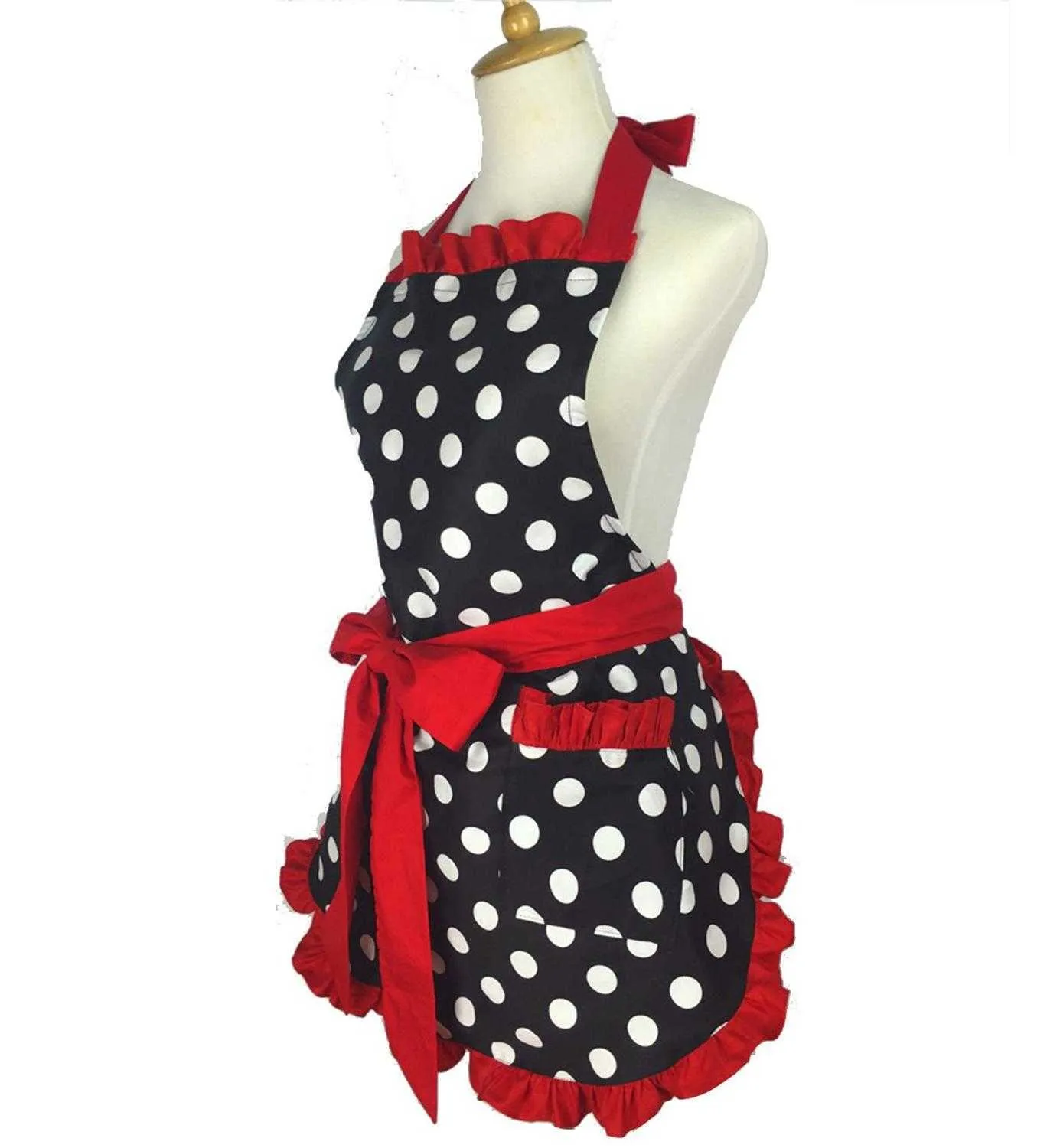 Lovely Retro Aprons for Women Apron Kitchen Barista Cute Bowknot with Pockets Adjustable Cotton Sexy Polka Dot Delicate Hemline 210629