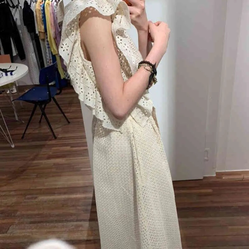 Coréen V-cou simple boutonnage industrie lourde dentelle crochet fleur bois oreille sangles taille robe femmes Office Lady Polyester 210416