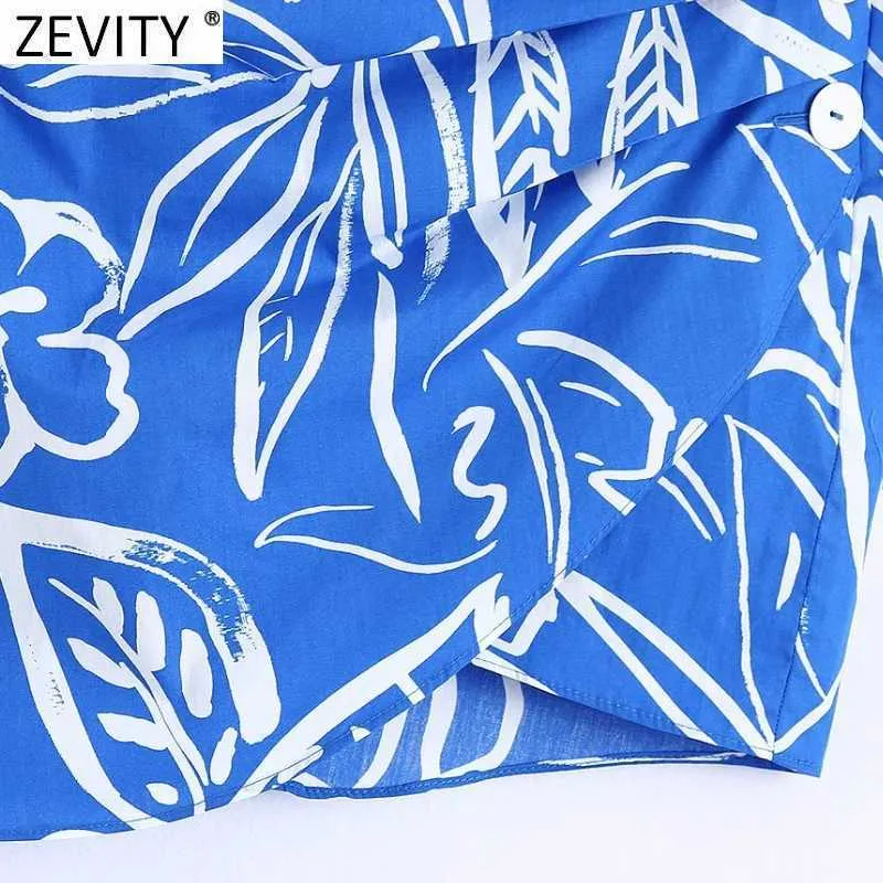 Zevity Femmes Vintage Plis Conception Imprimé Floral Ourlet Jupe Irrégulière Faldas Mujer Femme Fermeture Éclair Latérale Boutons Mini Vestidos QUN791 210603