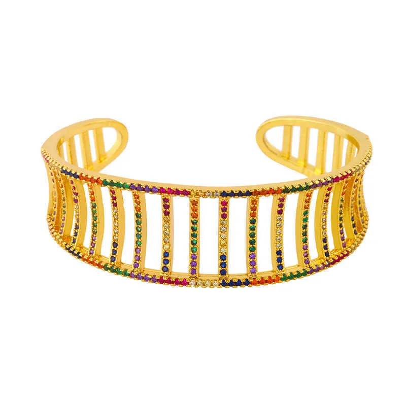 Flola Multicolor Crystal Cuff Bangle Bracelet for Women Adjustable Gold Bangles Cz Rainbow Zirconia Luxury Jewelry Gifts Brtc45 Q0720