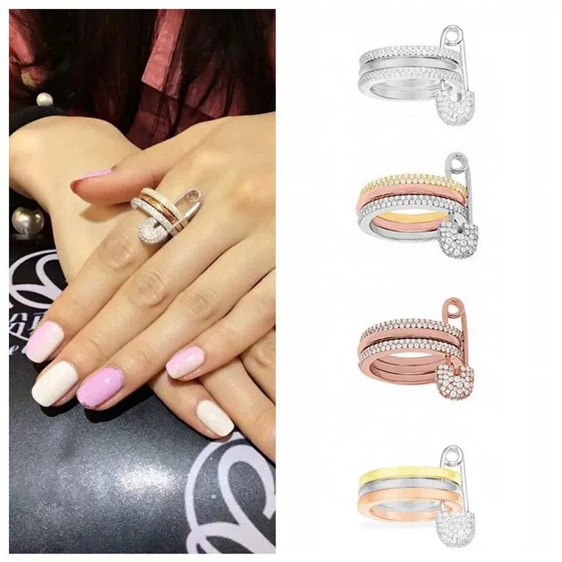 Cluster Rings SLJELY Fashion Real 925 Sterling Silver Pink Color Triple Hoops And Safety Pin Ring Micro 3A Cuibc Zirconia Women Br289W