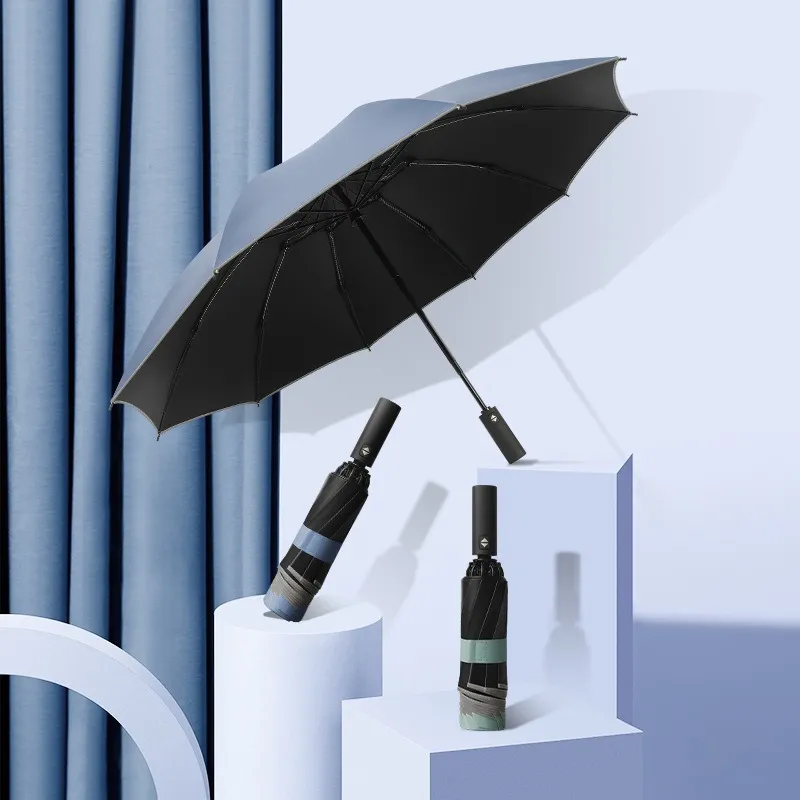 10 Bone Fullautomatisk omvänd vikningsparaply Vindskyddande affärsparaplyer Man Parasol Travel Paraguas med reflekterande remsa